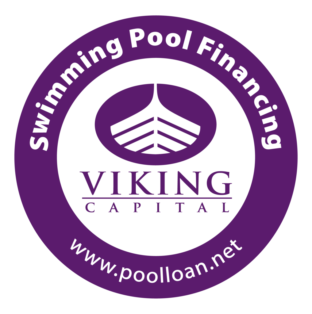 Circular logo with purple border and text saying "Swimming Pool Financing" at the top and "www.poolloan.net" at the bottom. A stylized boat icon and the words "Viking Capital" are in the center.