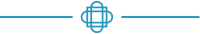 Blue geometric decorative divider with two horizontal lines on each side and an intricate symmetrical knot design in the center, all on a light background.